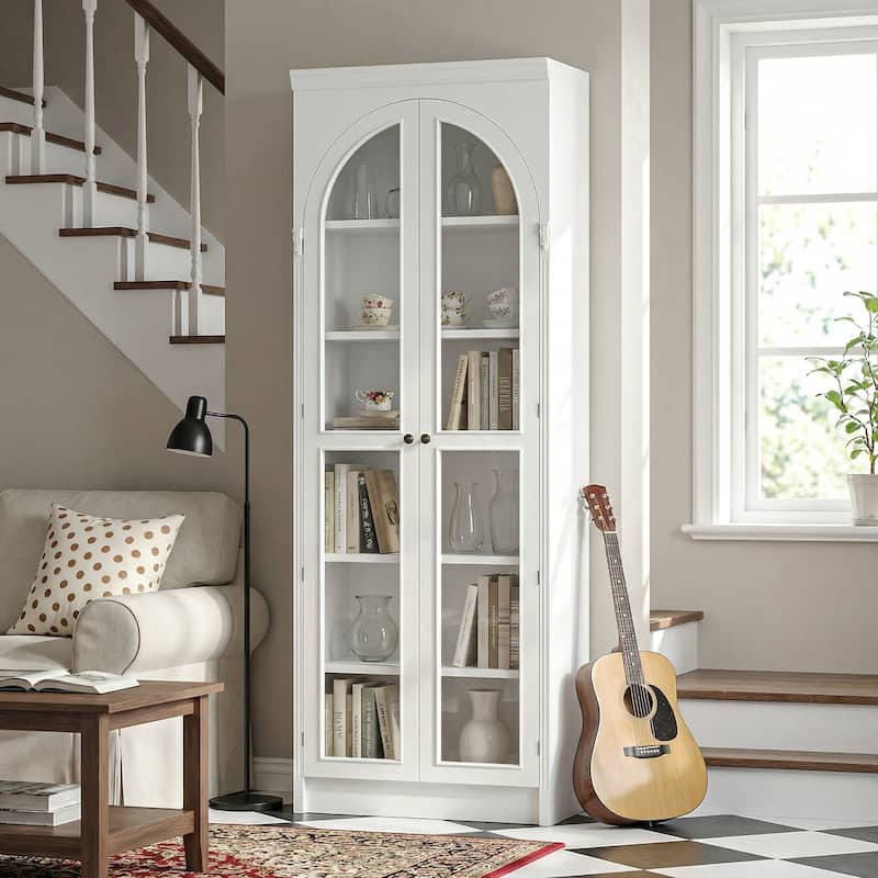 Modular White Bookcase with LED Lights & Glass Doors, 86.6" Tall Arched Display Cabinet Solid WoodStorage Cabinet