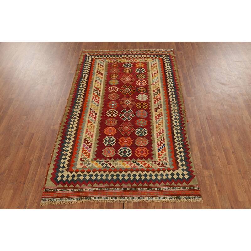 Red Kilim Qashqai Persian Vintage Area Rug Handmade Tribal Wool Carpet - 4'8"x 7'8"