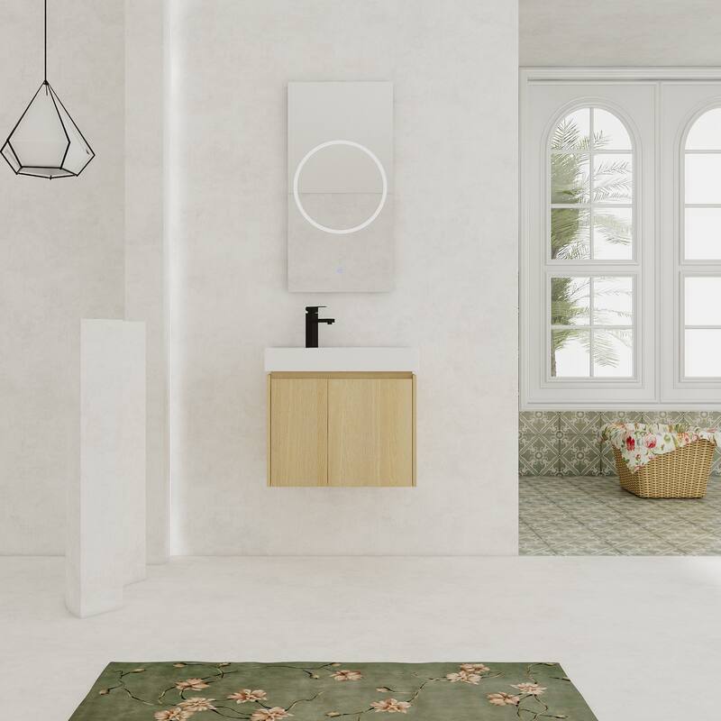 GDFStudio - Levistar Modern Wall-Mounted Bathroom Vanity with Scratch-Resistant Sink & Soft Close Door for Small Space - 24" - Oak