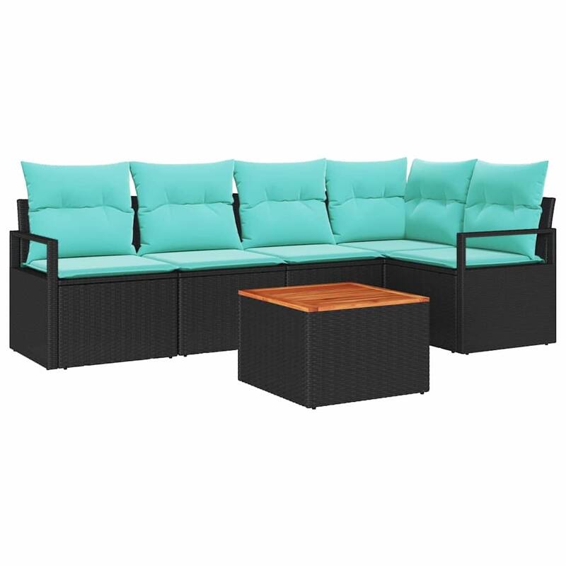 vidaXL 6 Piece Garden Sofa Set with Cushions Black Poly Rattan Acacia - 91.3×48×27.2