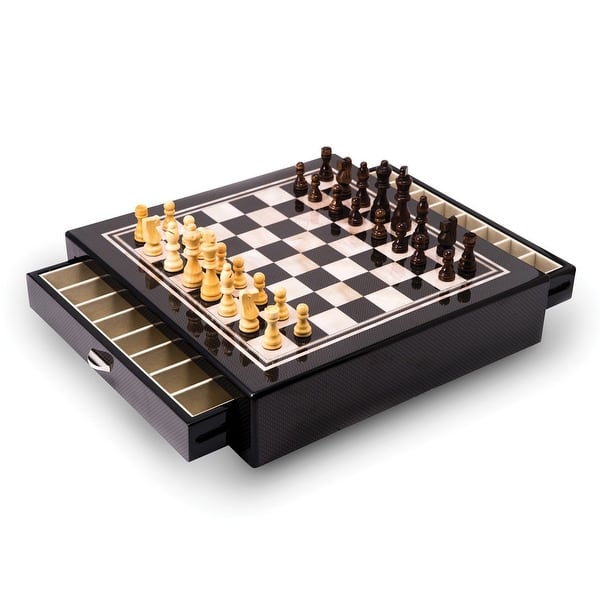 slide 2 of 2, Curata Carbon Fiber and Mother of Pearl Design Chess Set with Accessory Drawers For Chessmen 15x13.25x3.5"