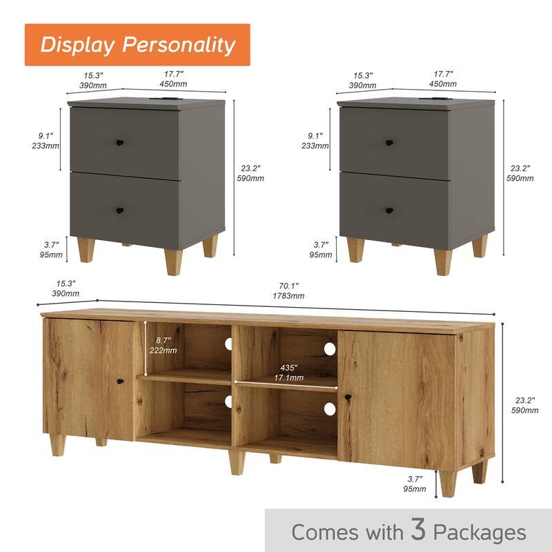 TV Stand & Charging End Tables Set for 100" TVs with Drawers & Doors