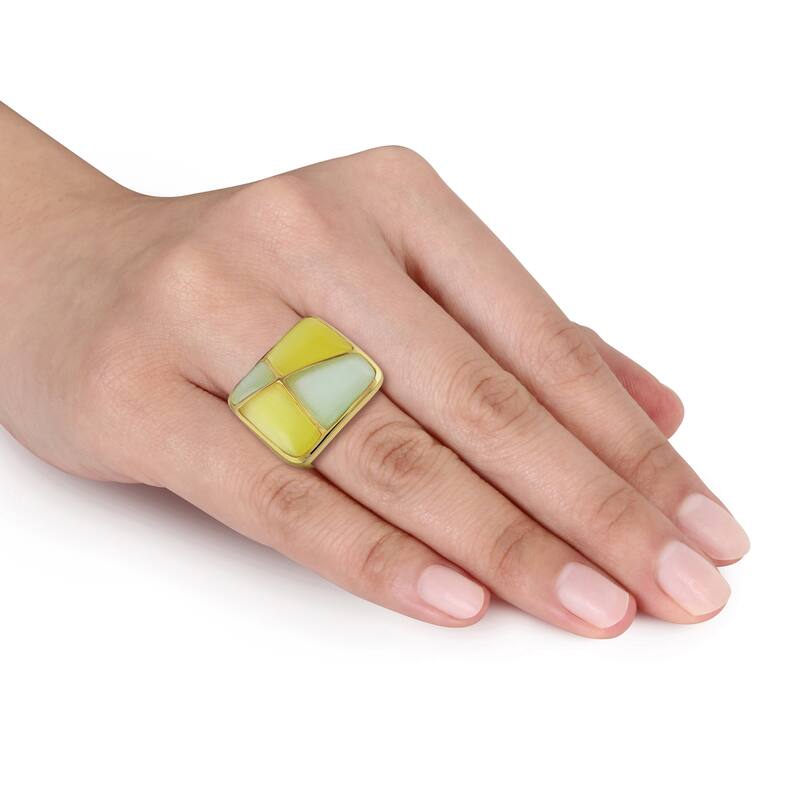 Miadora Light Green and Yellow Simulated Cat Eye Cabochon Ring in Yellow Silver