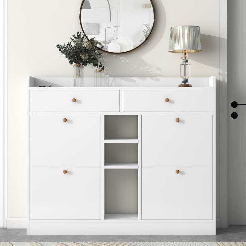 Entryway Shoe Storage Organizer with Hidden Flip Drawers, 2-Tier Design - White