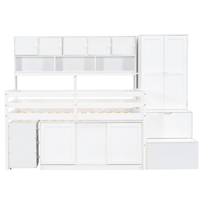 Twin Size Wooden Loft Bed with Integrated Wardrobe, Under-bed Desk, Drawers, with Shelves