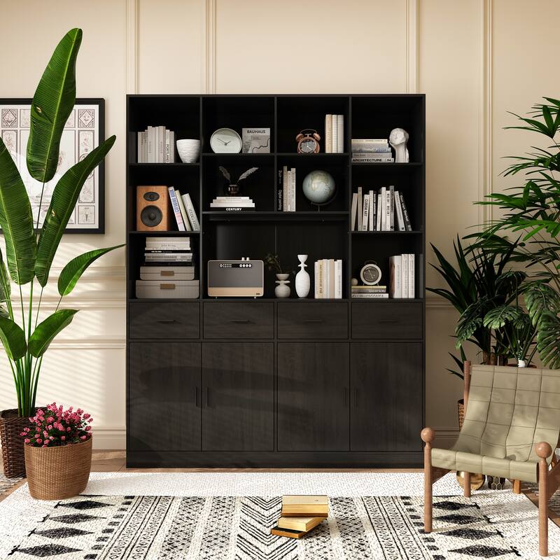 78.7" Large Bookcase,4 door, 4 drawer with Display Storage Shelves - 78.7"H x 63"W