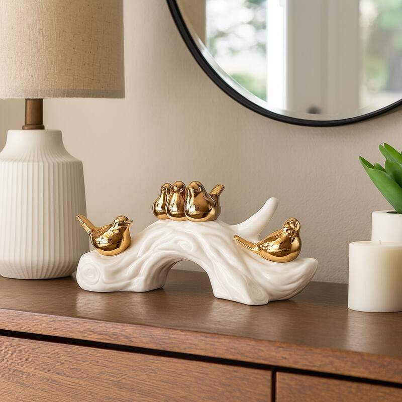 Porcelain Bird Statue with White Branch Base - 14", White & Gold - 14" x 5" x 6"