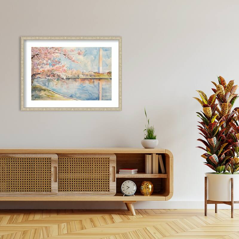 Cherry Blossoms Cityscape by Tradelink inhouse artist Wood Framed Wall Art Print - Lila Silver