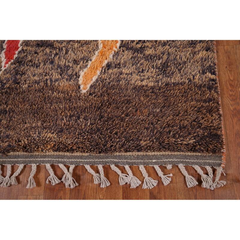 Brown Plush Moroccan Area Rug Hand-Knotted Wool Carpet - 5'10" x 9'6"