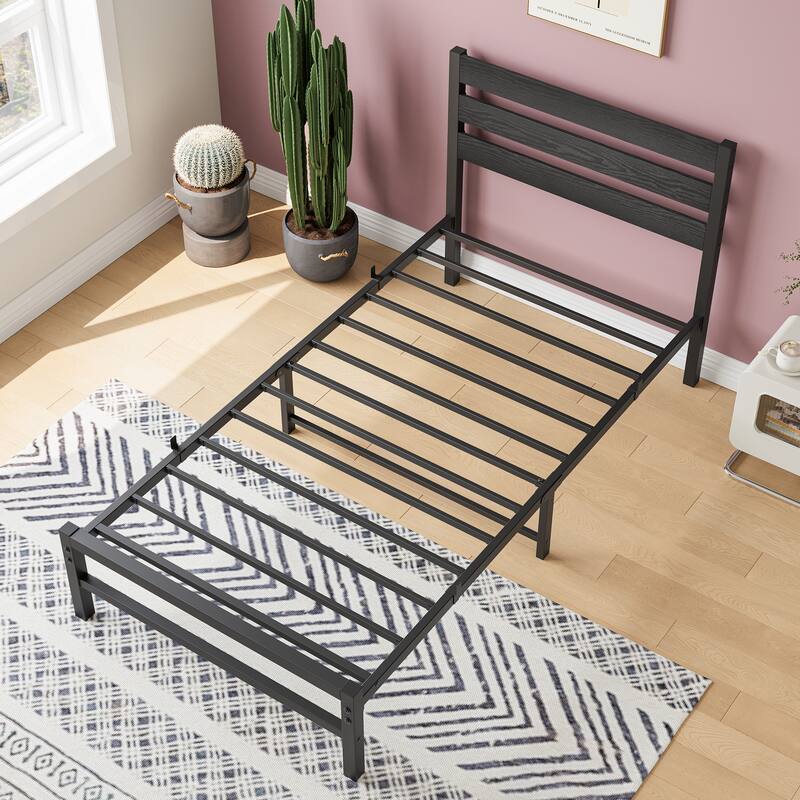 Industrial Vintage Bed Frame for Twin/Full/Queen Mattress, Strong Metal Slats, Wood Headboard, and Under-Bed Storage
