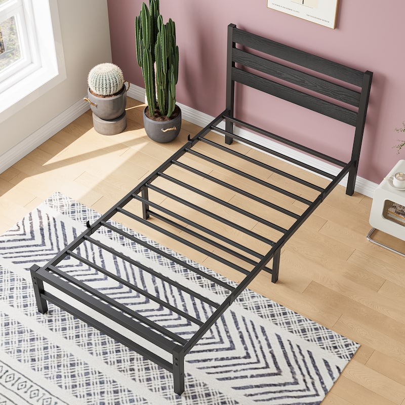 Modern Style Metal Platform Bed with Rustic Vintage Wooden Headboard for Bedroom