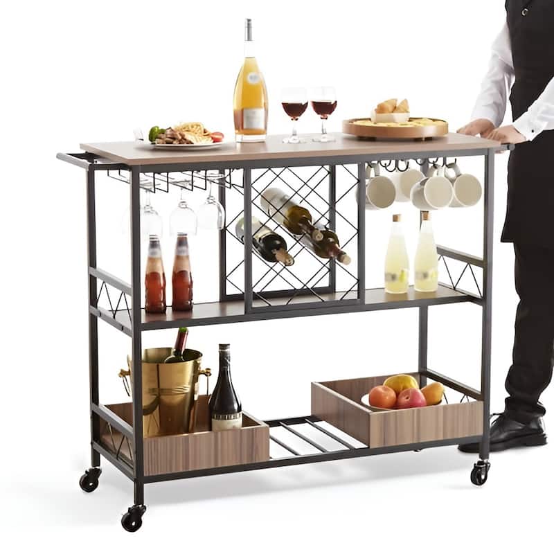 3-Tier Bar Serving Cart Rolling Trolley with Wine Grid Glass Holder 300LBS - Multi