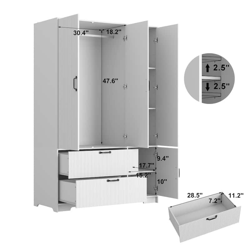 4 Doors Wardrobe Closet White Storage Cabinet with Mirror, Minimalist Armoire Closet with Hanging Rod