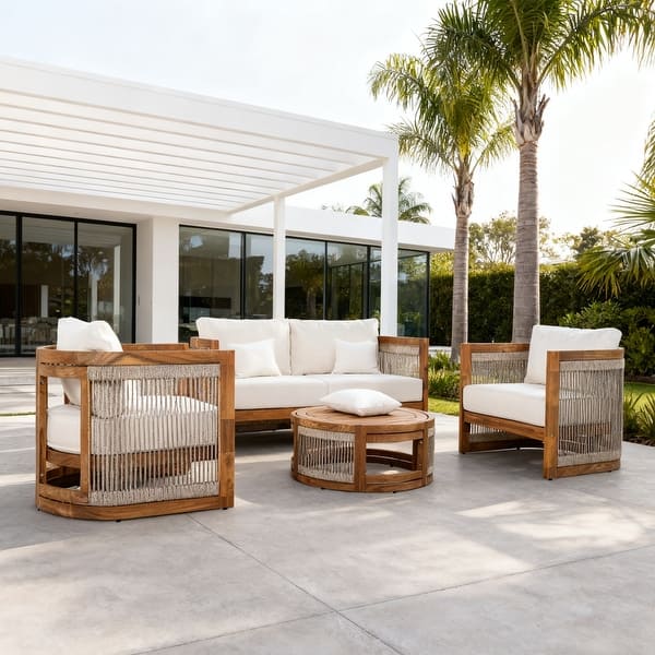 4-Piece Outdoor Acacia Wood Conversation Sofa Set with Coffee Table ...