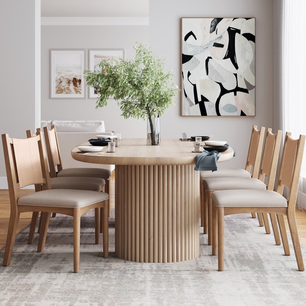 Elodia Upholstered Dining Chair with Seagrass Back Solid Wood Modern Dining Room Chair with Natural Flax Upholstery