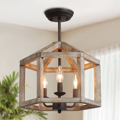 Woodly Farmhouse 3-Light Wood Lantern Semi Flush Mount Ceiling Light