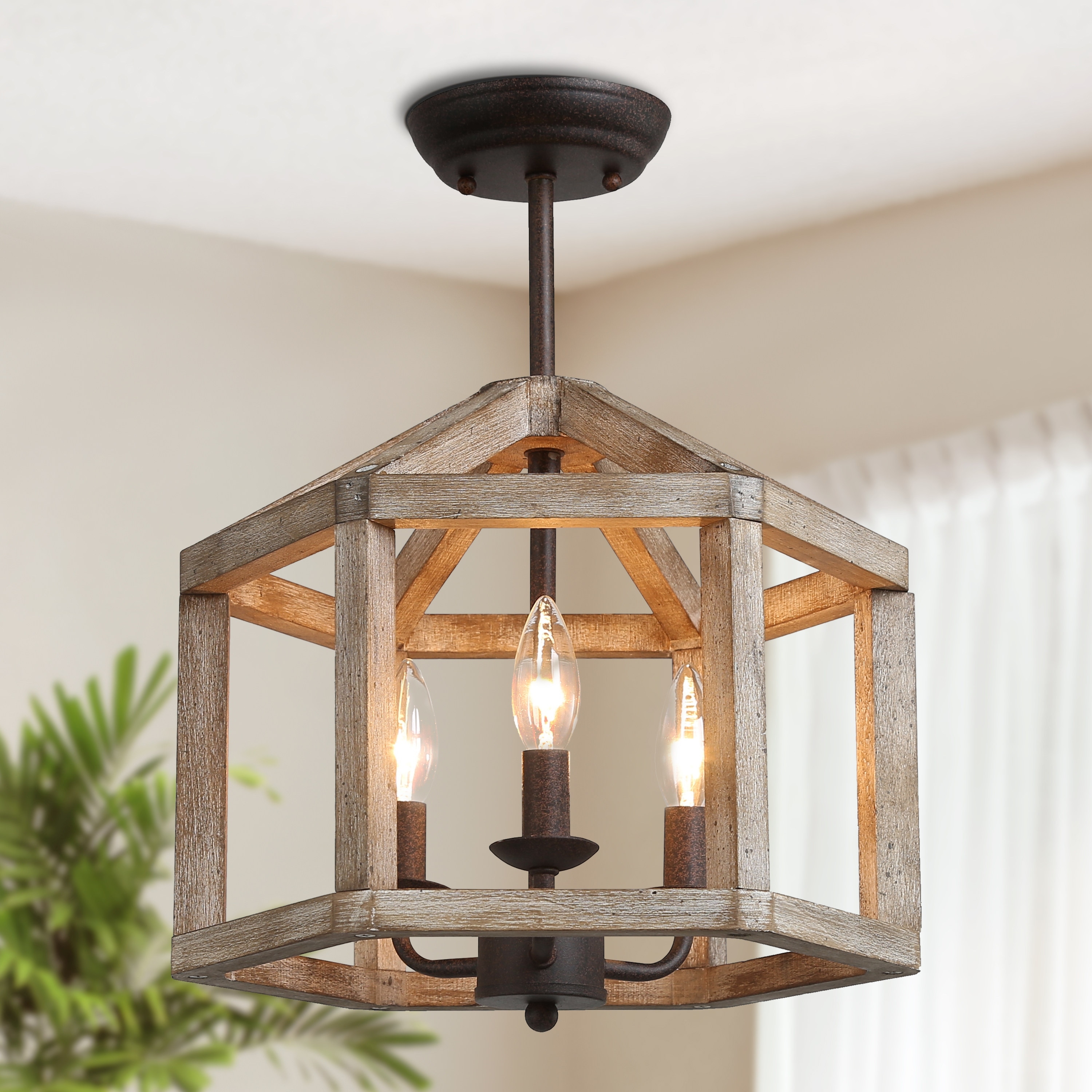 Woodly Farmhouse 3-Light Wood Lantern Semi Flush Mount Ceiling Light