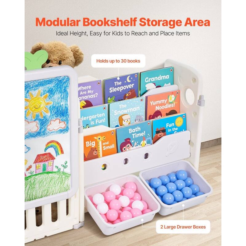 Kids Toy Storage with Bookshelf, 4-Tier Large Toy Storage Organizer with 10 Plastic Bins, with Bookshelf and Drawing Board