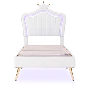 Upholstered Bed Frame w/Crown Headboard & LED for Kids,White - Twin