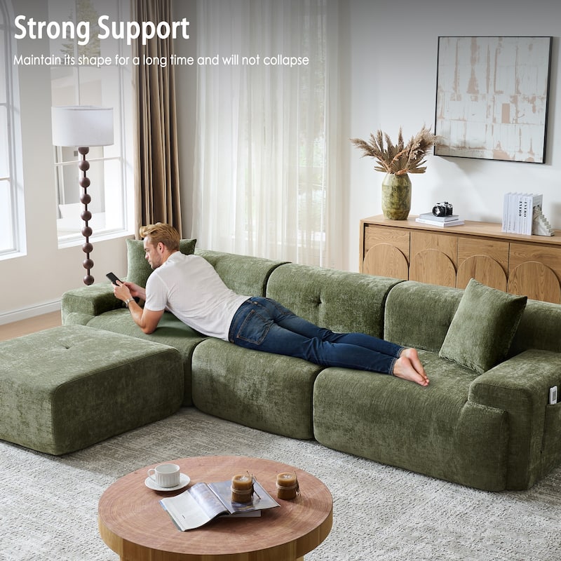 118 inch Oversized 3 Seater L-Shaped Chenille Boneless Modular Sectional Sofa Couch with Movable Ottoman