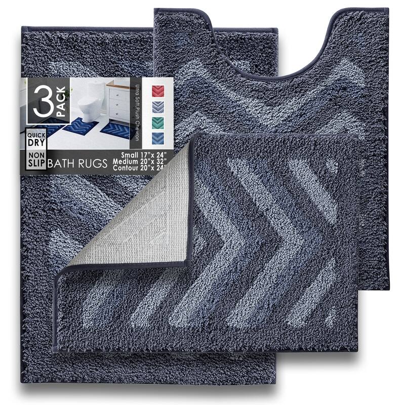 Clara Clark Non Slip Shaggy Bath Rug Set - Chevron Design Ultra Soft Bathroom Mat