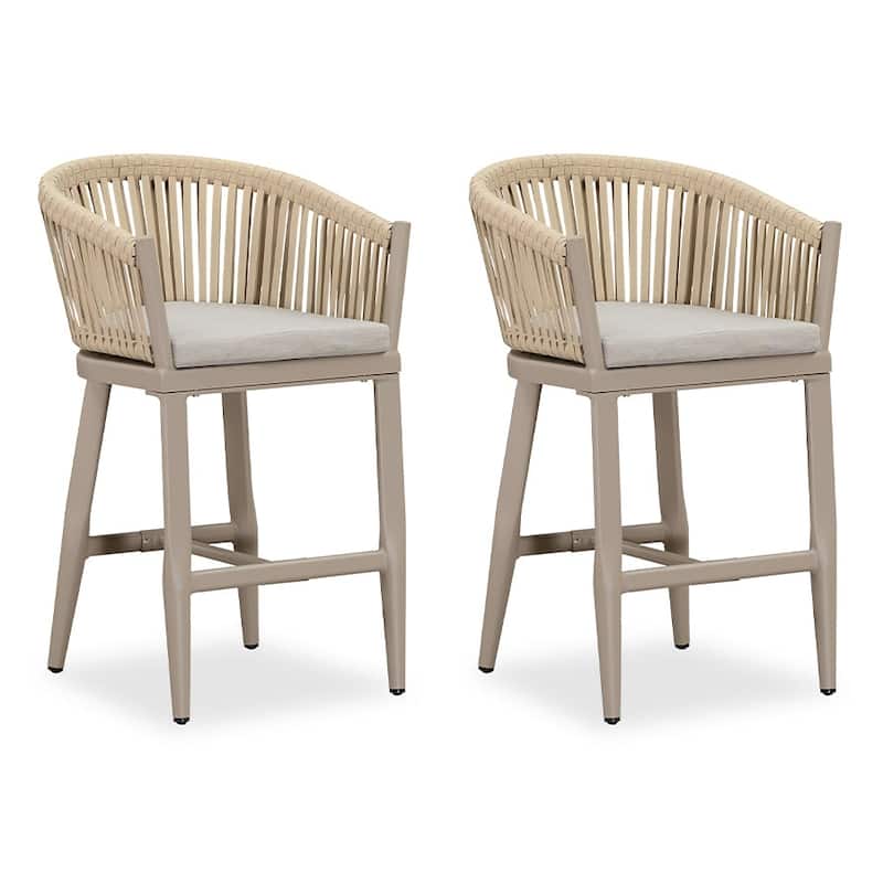 PURPLE LEAF Outdoor Bar Stools Set of 2 Patio Metal Modern Wicker Bar Chairs Woven Aluminum Barstools - Counter Height Champange