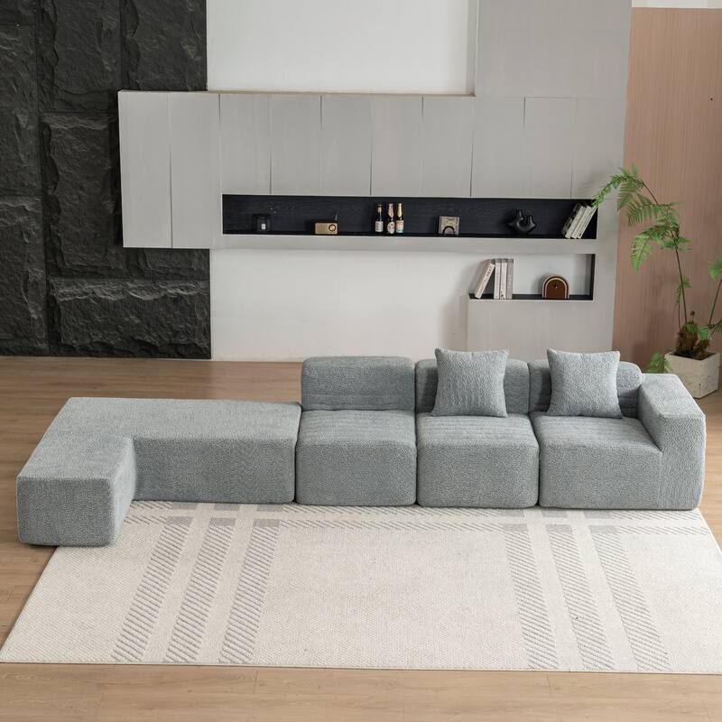 116.5" Versatile 4-Seat Sectional Sofa with Customizable 4-Piece Design in Ultra-Soft Boucle Fabric and Two Back Pillows