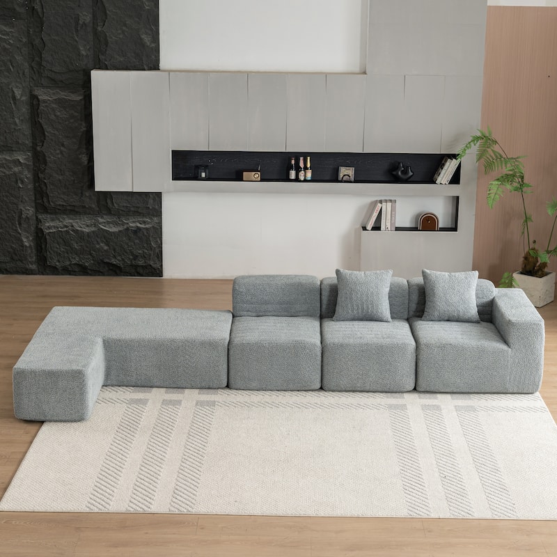 Grey 116.5" Versatile 4-Seater Sectional Sofa with Customizable 4-Piece Design in Ultra-Soft Boucle Fabric and Two Back Cushions