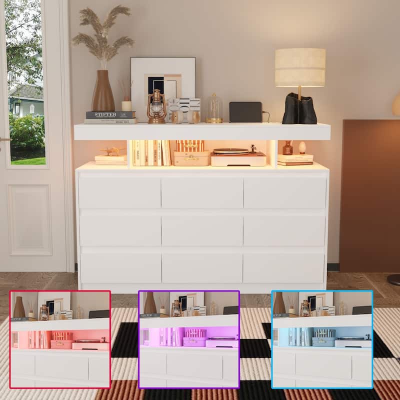 Modern 9-Drawer Dresser with RGB LED Lights and Built-in Power Strip - White Storage Chest