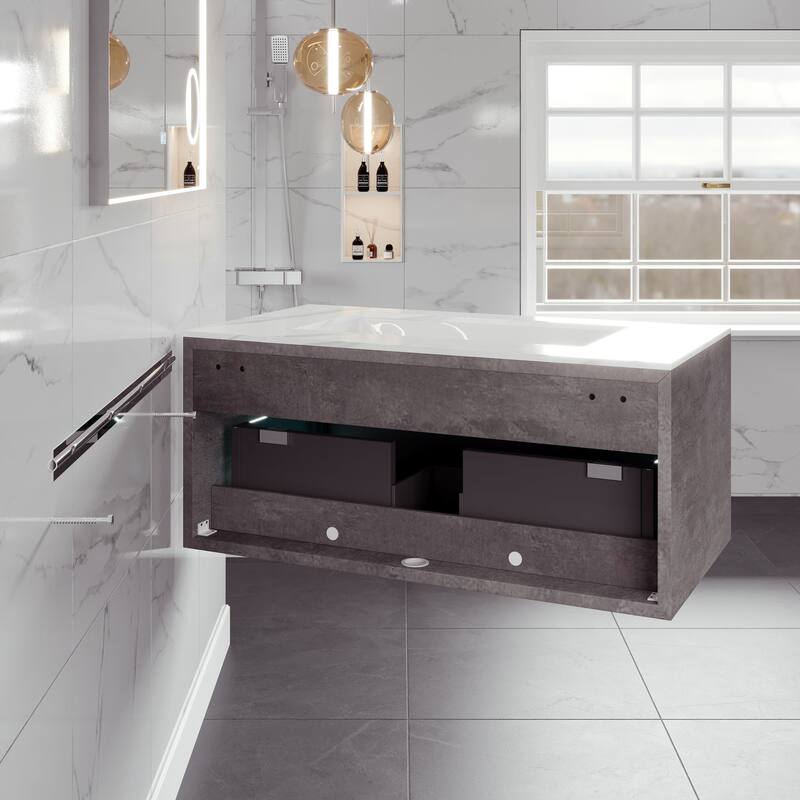 Eviva Aurora 36" Concrete Gray Wall Mount Bath Vanity with Carrara Quartz Top