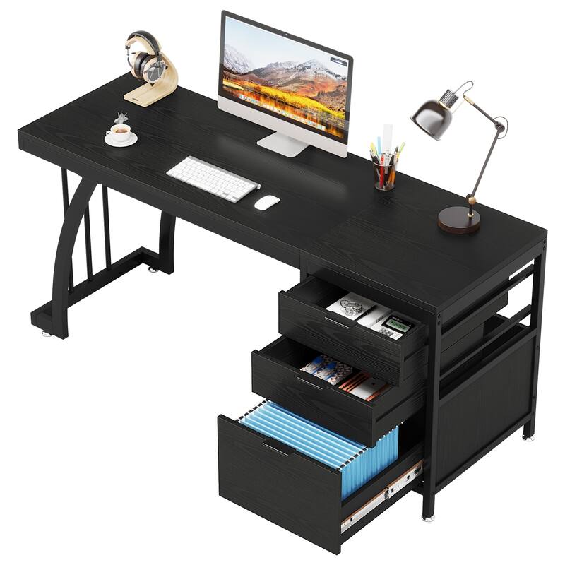 59 inch Reversible Computer Desk with 3 Drawer Cabinet, Industrial Study Writing Table Workstation for Home Office Bedroom