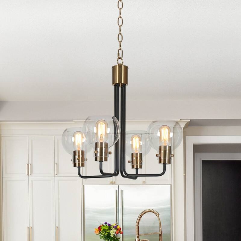 Modern Farmhouse 4-Light Black Gold Glass Chandelier for Dining Room - 20" D x 19" H