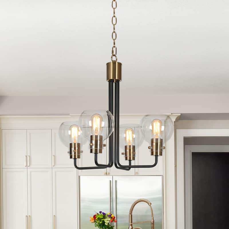 Modern Farmhouse 4-Light Black Gold Glass Chandelier for Dining Room - 20" D x 19" H