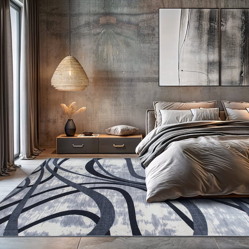 Contemporary Distressed Abstract Lines Non Slip Area Rug