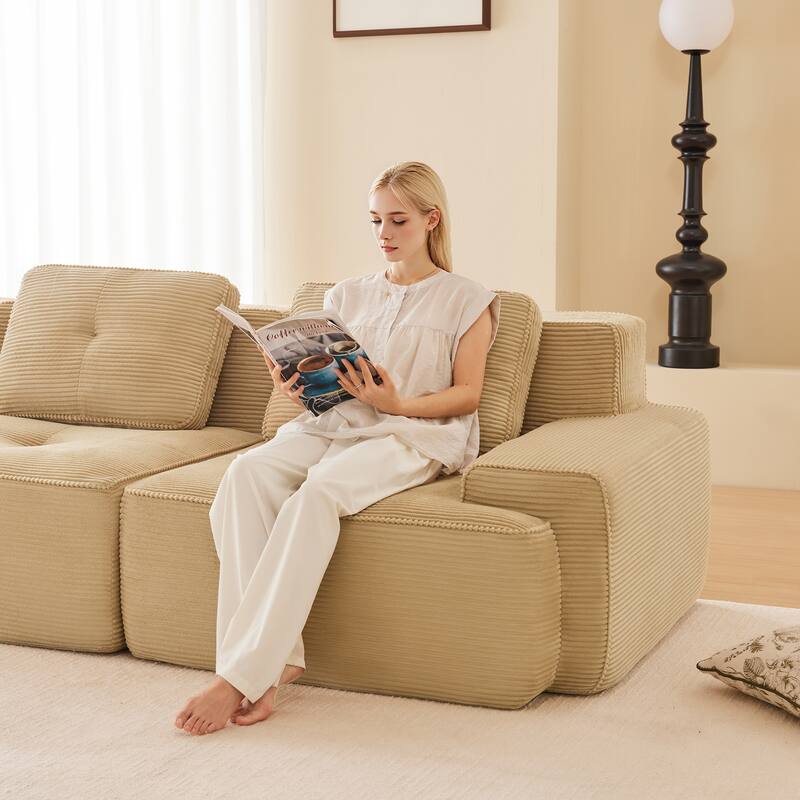 L-Shaped Sectional Couch with Ottoman, Oversized Modular Corduroy Sofa