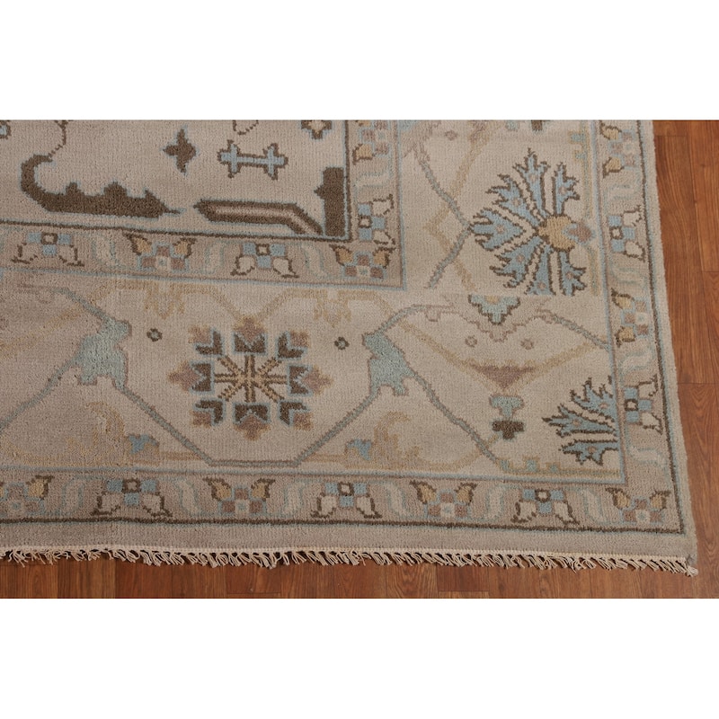 All-Over Beige Oushak Indian Area Rug Hand-Knotted Wool Carpet - 9'2" x 11'8"