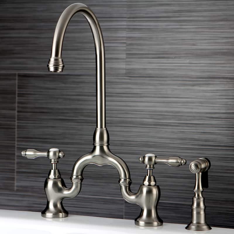 Kingston Brass Tudor Bridge Kitchen Faucet with Brass Sprayer - Brushed Nickel