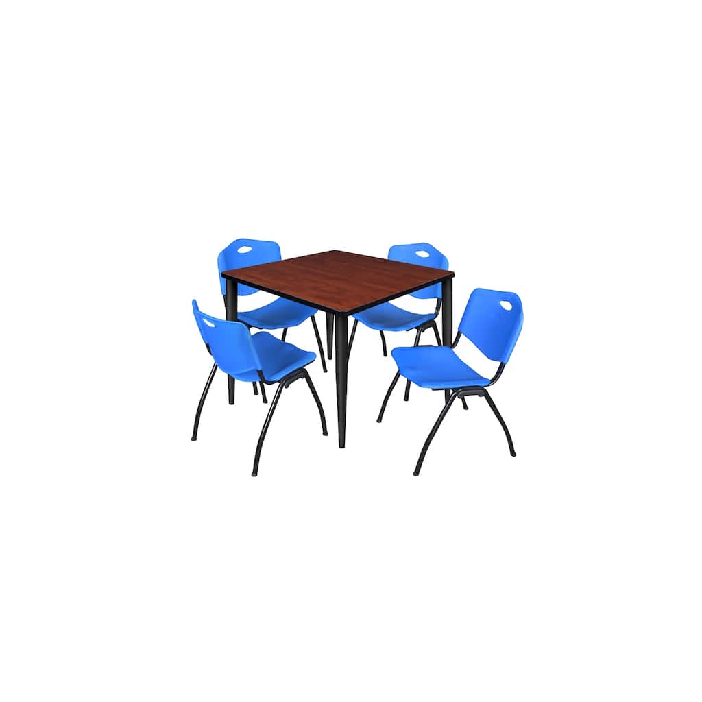 36 in. Square Breakroom Table- Cherry Top, Black Base & 4 M Stack Chairs- Blue