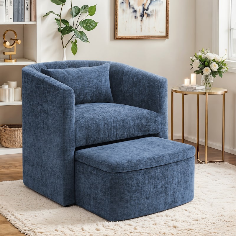 Upholstered Chenille Barrel Accent Chair With Storage Ottoman,Modern Barrel Arm Chair,Reading Chair With Ottoman For Living Room - Blue