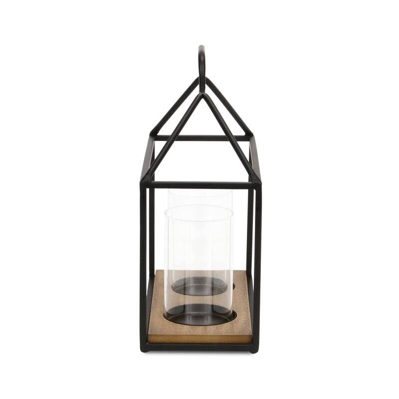 15" Black Metal Glass And Wood Geometric Two Light Hurricane Candle Holder