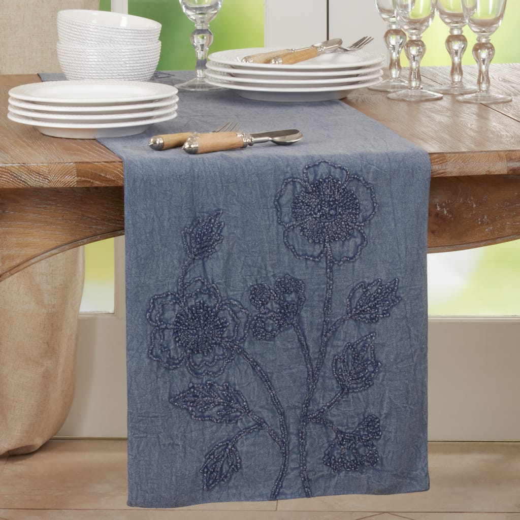 Stone Washed Table Runner With Floral Design