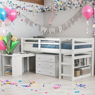 Twin Size Loft Bed With Cabinet,Shelves And Rolling Portable Desk