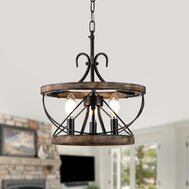 Bella Depot 5-Light Rustic Cage Wood Chandelier Dimmable Lighting, 15.7" Adjustable Farmhouse Pendant Light for Kitchen Island