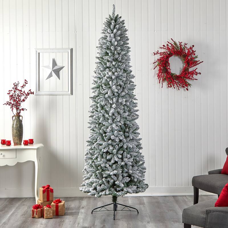 9' Slim Flocked Montreal Fir Artificial Christmas Tree with 1860 Bendable Branches