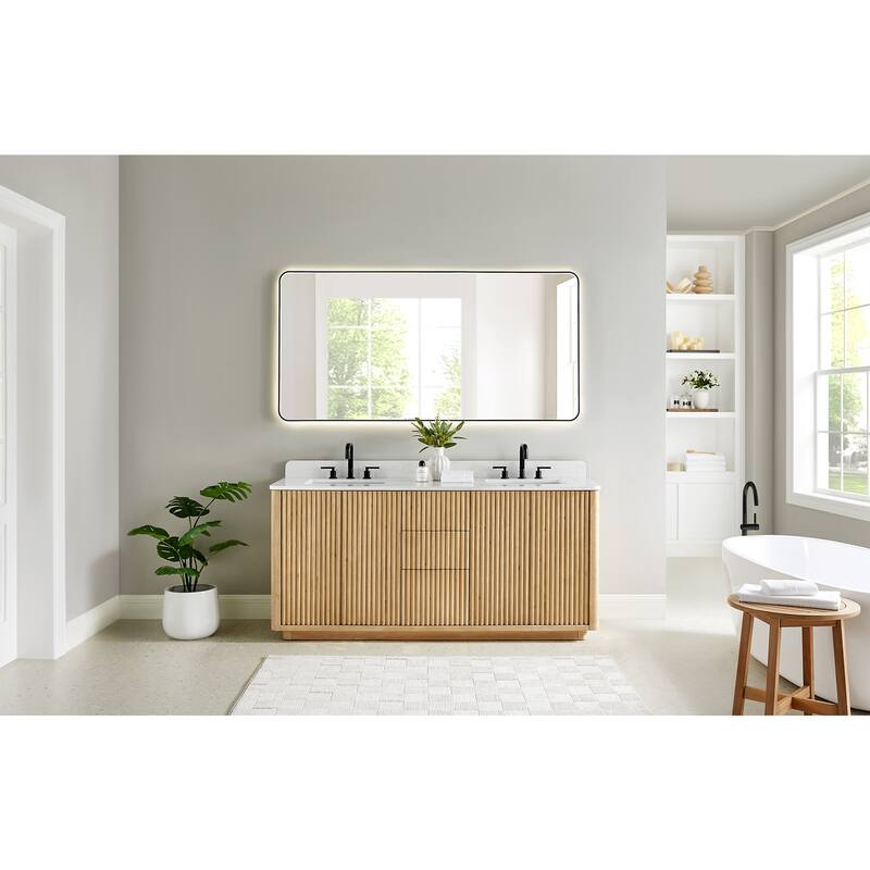 Clayton Bathroom Vanity in Washed Light Brown with Grain White Engineered Stone Countertop without Mirror