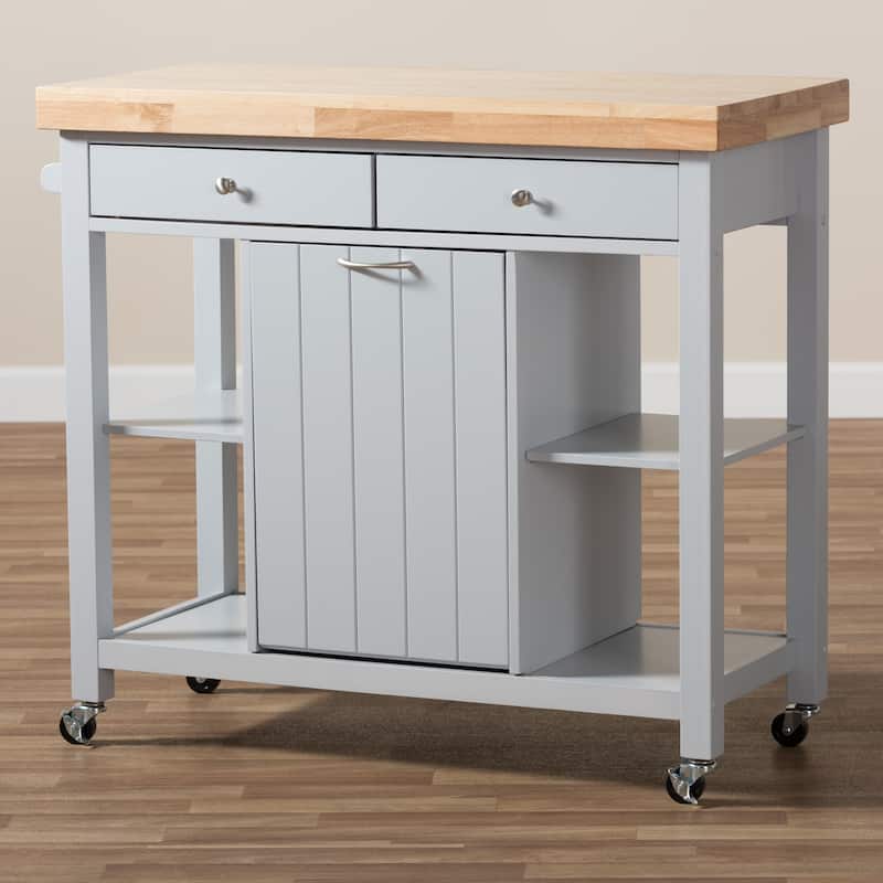 Kitchen Cart with Storage - Light Grey Wood Rolling Island, Farmhouse Style, 4 Shelves, 2 Drawers