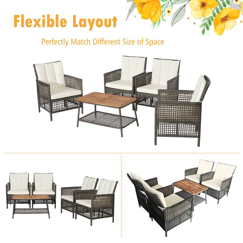 Costway 10PCS Patio Rattan Furniture Set Cushioned Sofa Armrest Wooden