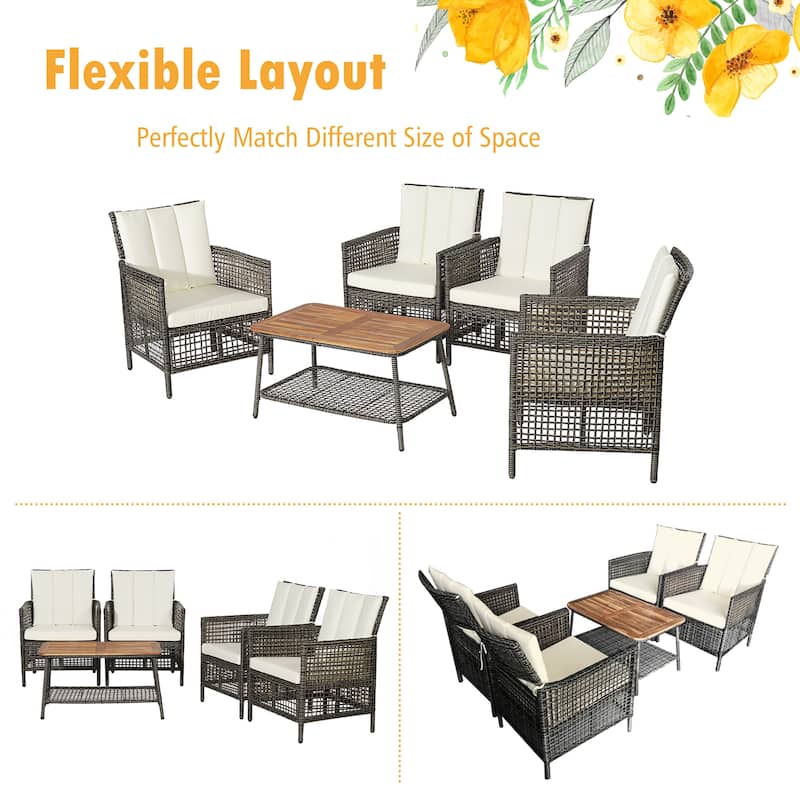 Costway 5PCS Patio Rattan Furniture Set Cushioned Sofa Armrest Wooden