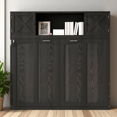 Full Size Foldable Murphy Bed in Black with Storage Cabinet Shelves and Hidden Doors, No Box Spring Needed