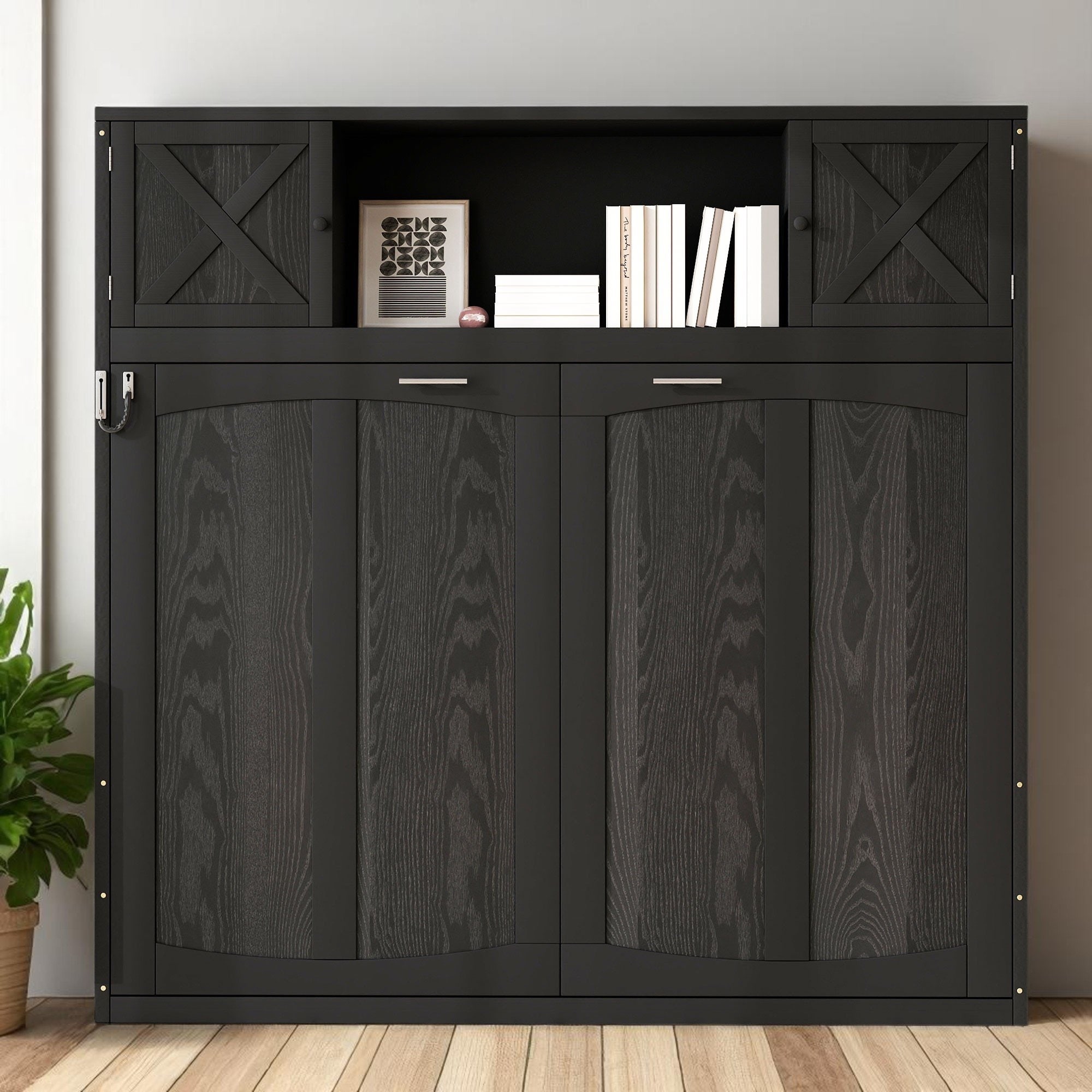 Full Size Foldable Murphy Bed in Black with Storage Cabinet Shelves and Hidden Doors, No Box Spring Needed
